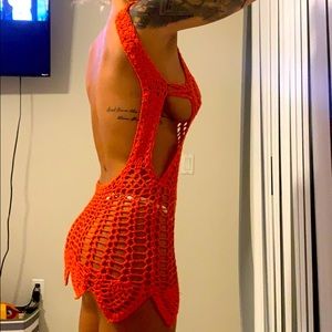 Bright orange crochet beach cover up